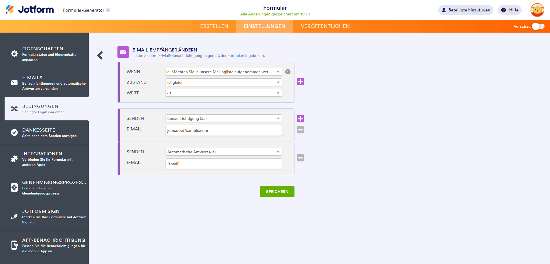 Schritte zum Erstellen einer Bedingung zum Ändern des E-Mail-Empfängers im Jotform Formular-Generator