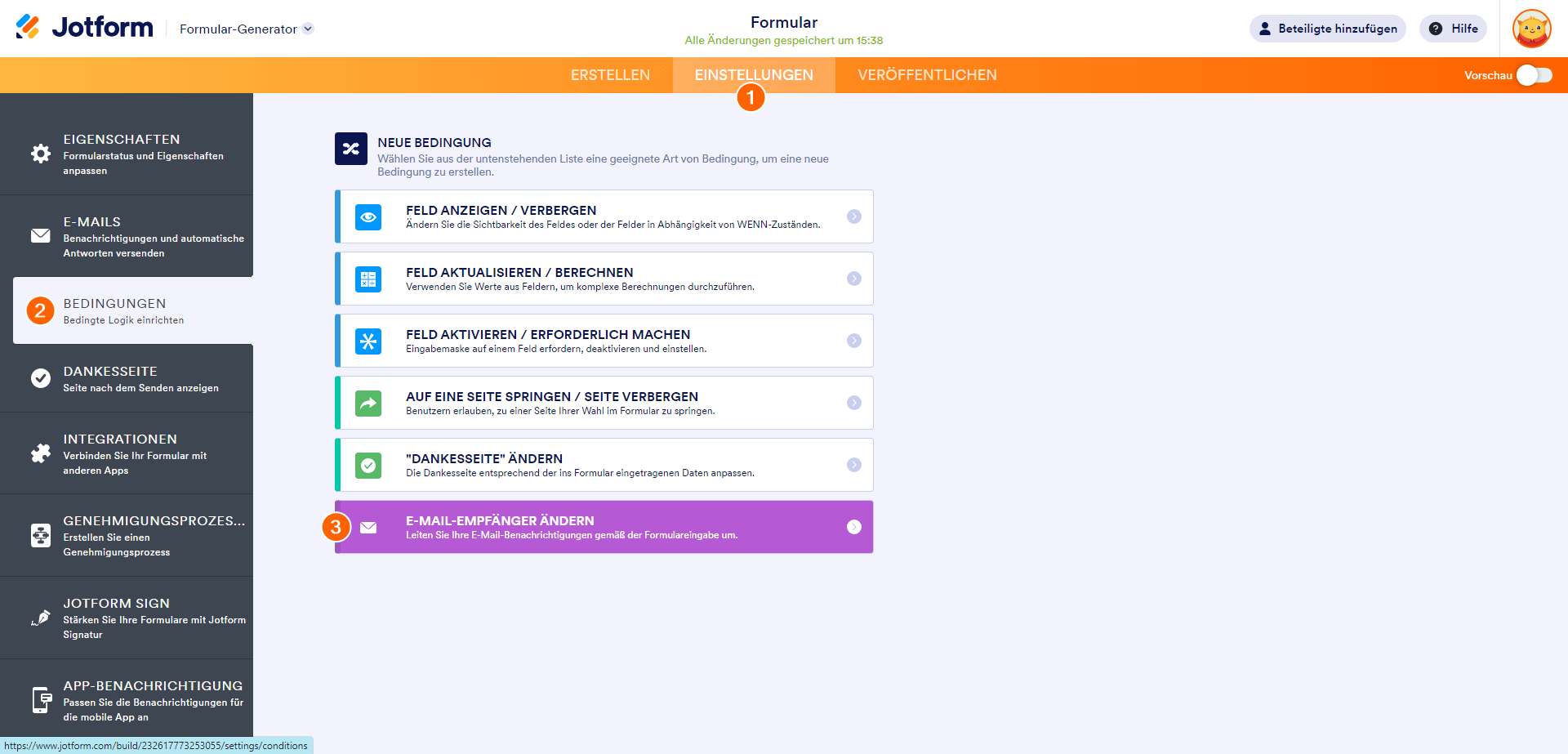 Schritte zum Erstellen einer Bedingung zum Ändern des E-Mail-Empfängers im Jotform Formular-Generator
