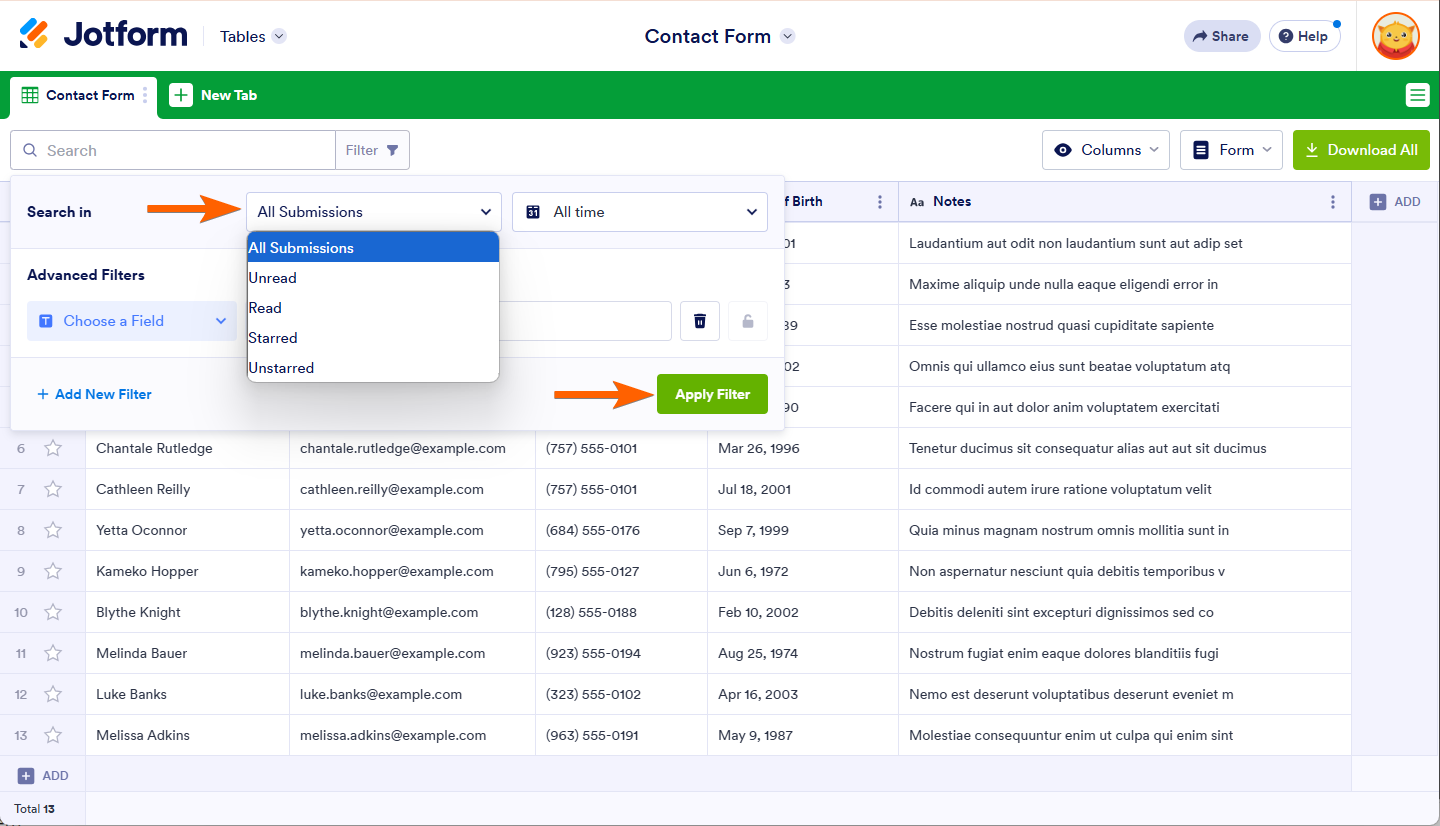 Search In Option and Applying it as Filter in Jotform Tables