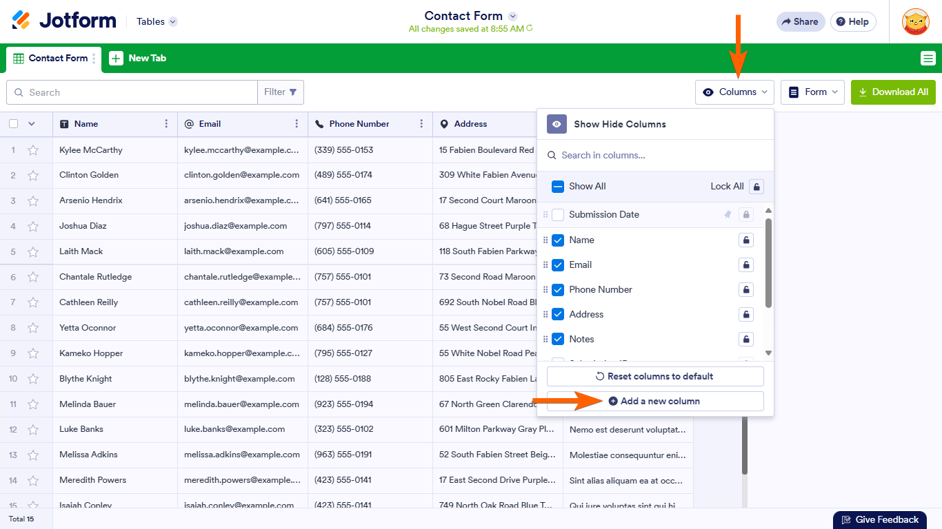 An Add a New Column button in Jotform Tables