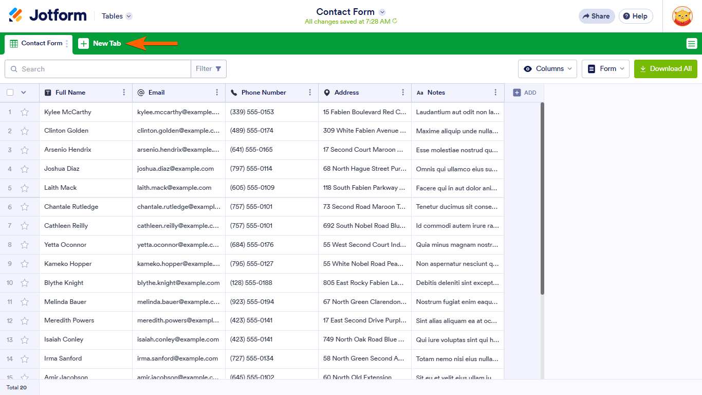 An Add Tab button in Jotform Tables