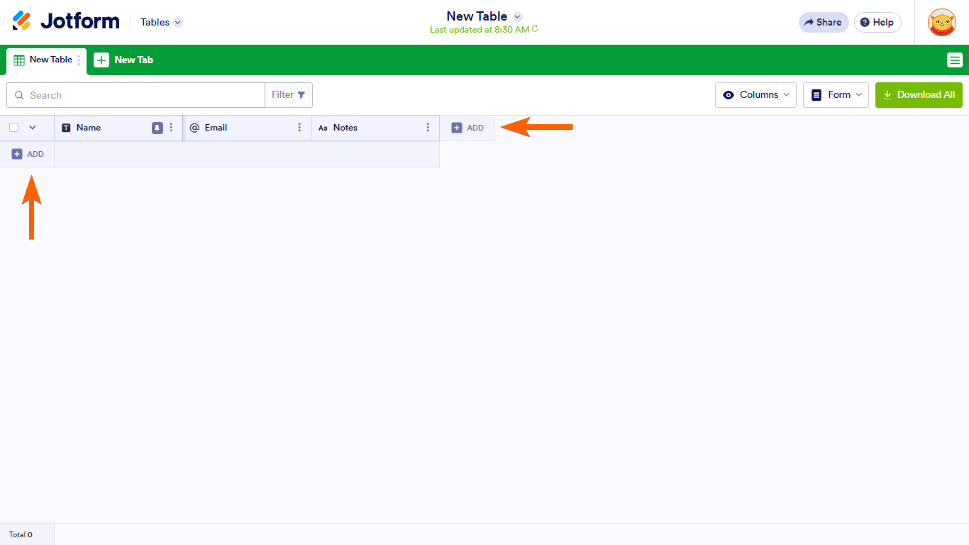 Add row and column buttons in Jotform Tables