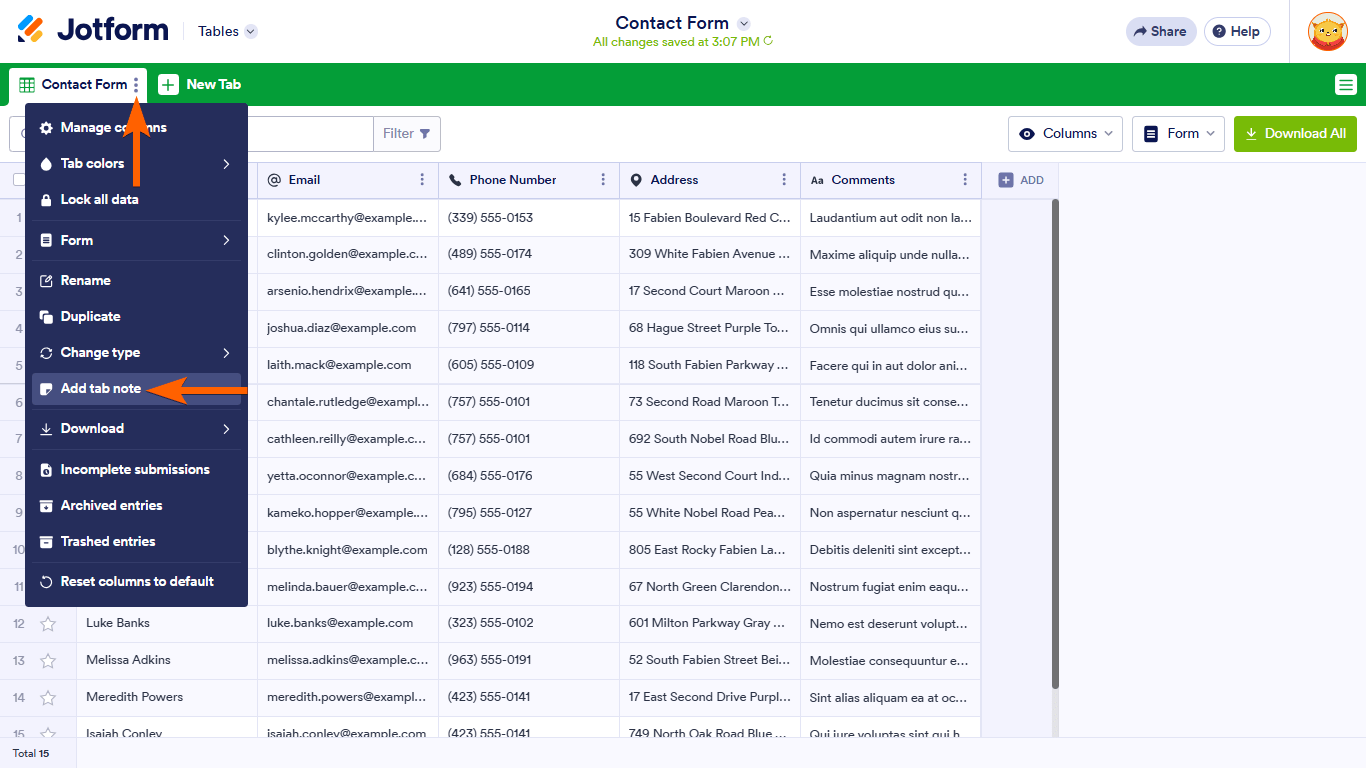 An add tab note option in a Jotform Tables tab menu