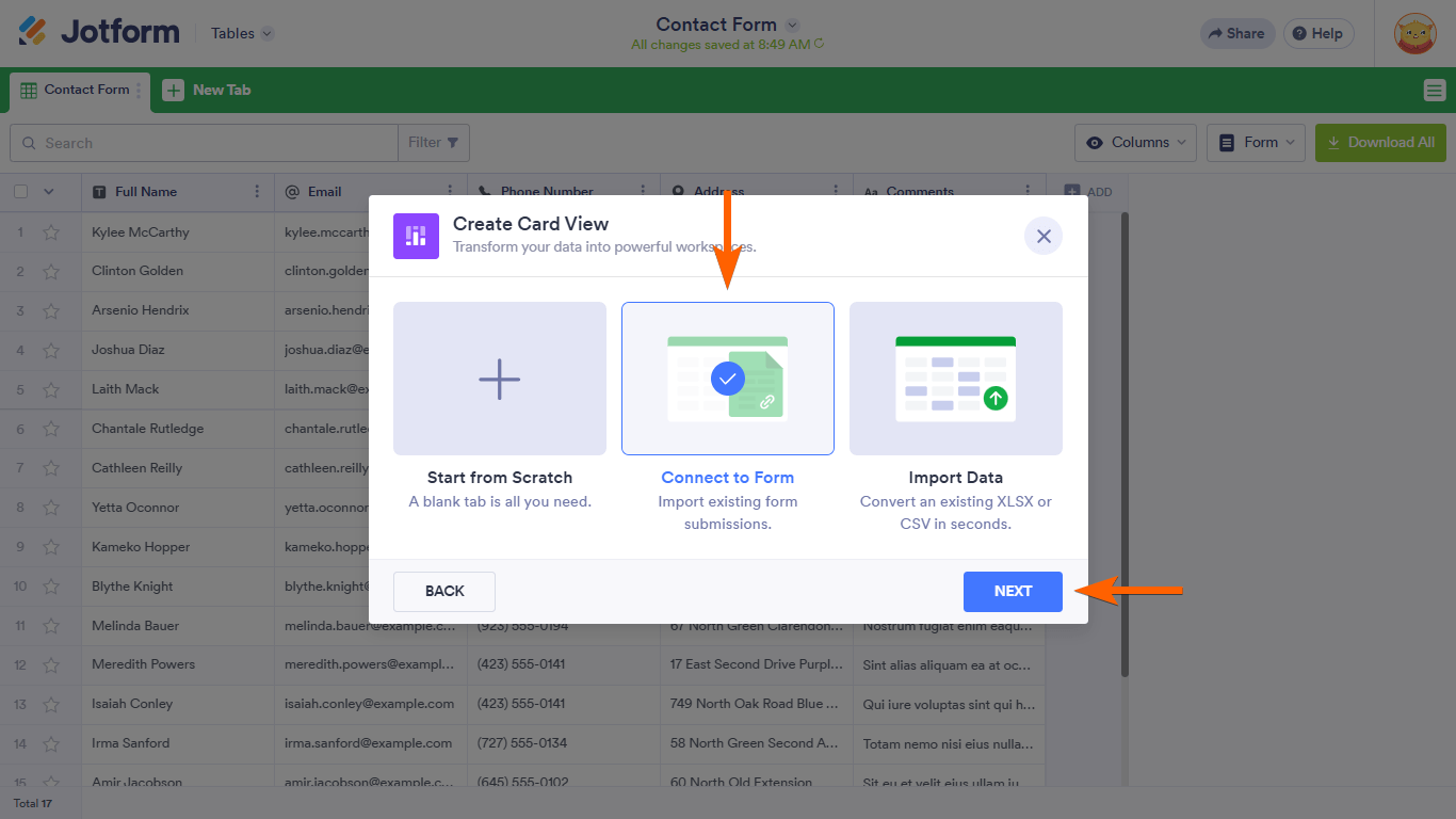 A Connect to Form option in a Jotform Tables Create Card View dialog
