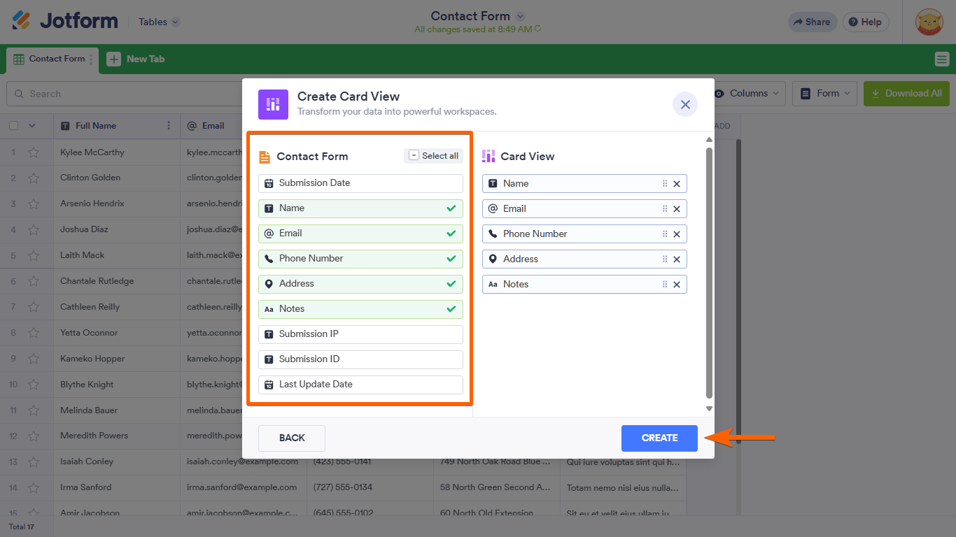 A fields selector in a Jotform Tables Create Card View dialog