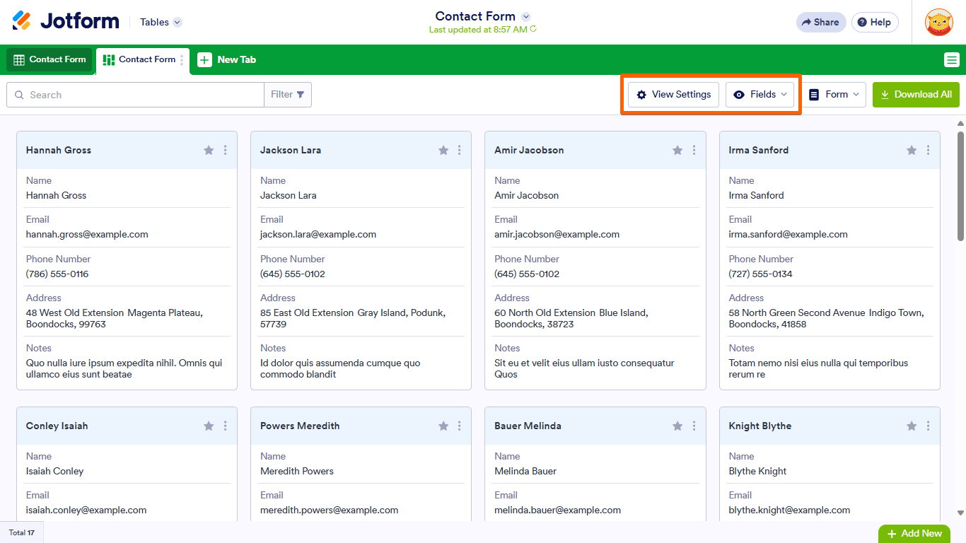 A View Settings and Fields buttons in Jotform Tables