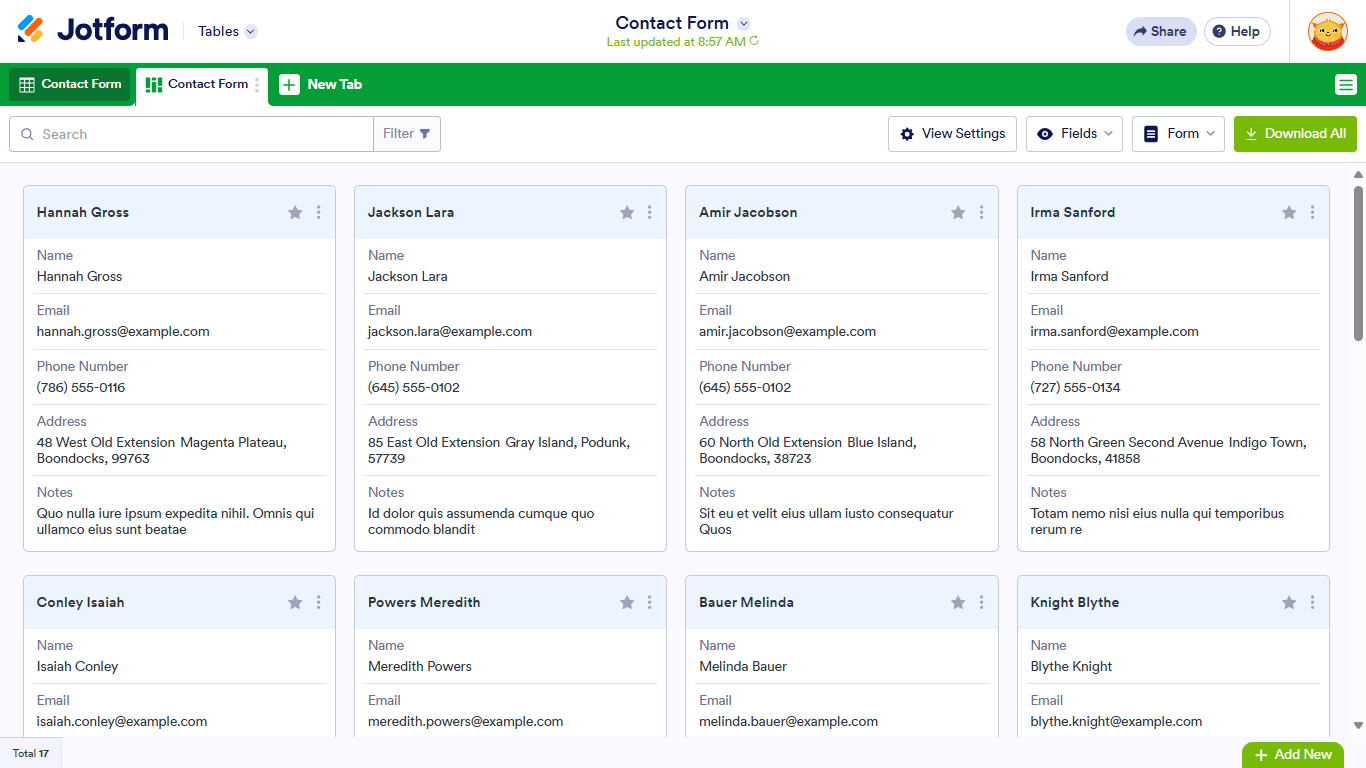 A Card View tab in Jotform Tables