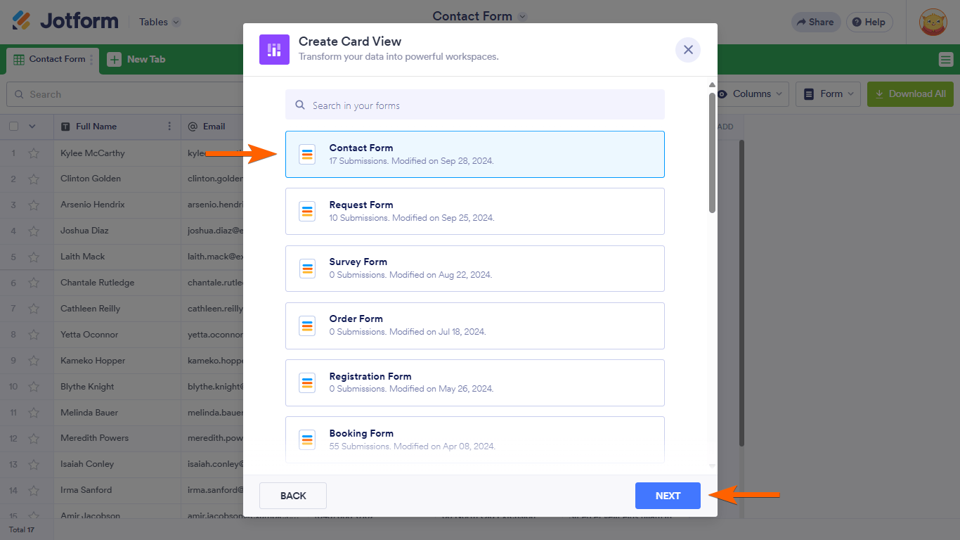 A form selector in a Jotform Tables Create Card View dialog