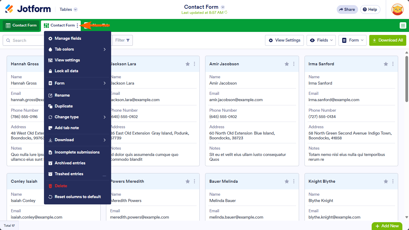 A tab menu in Jotform Tables