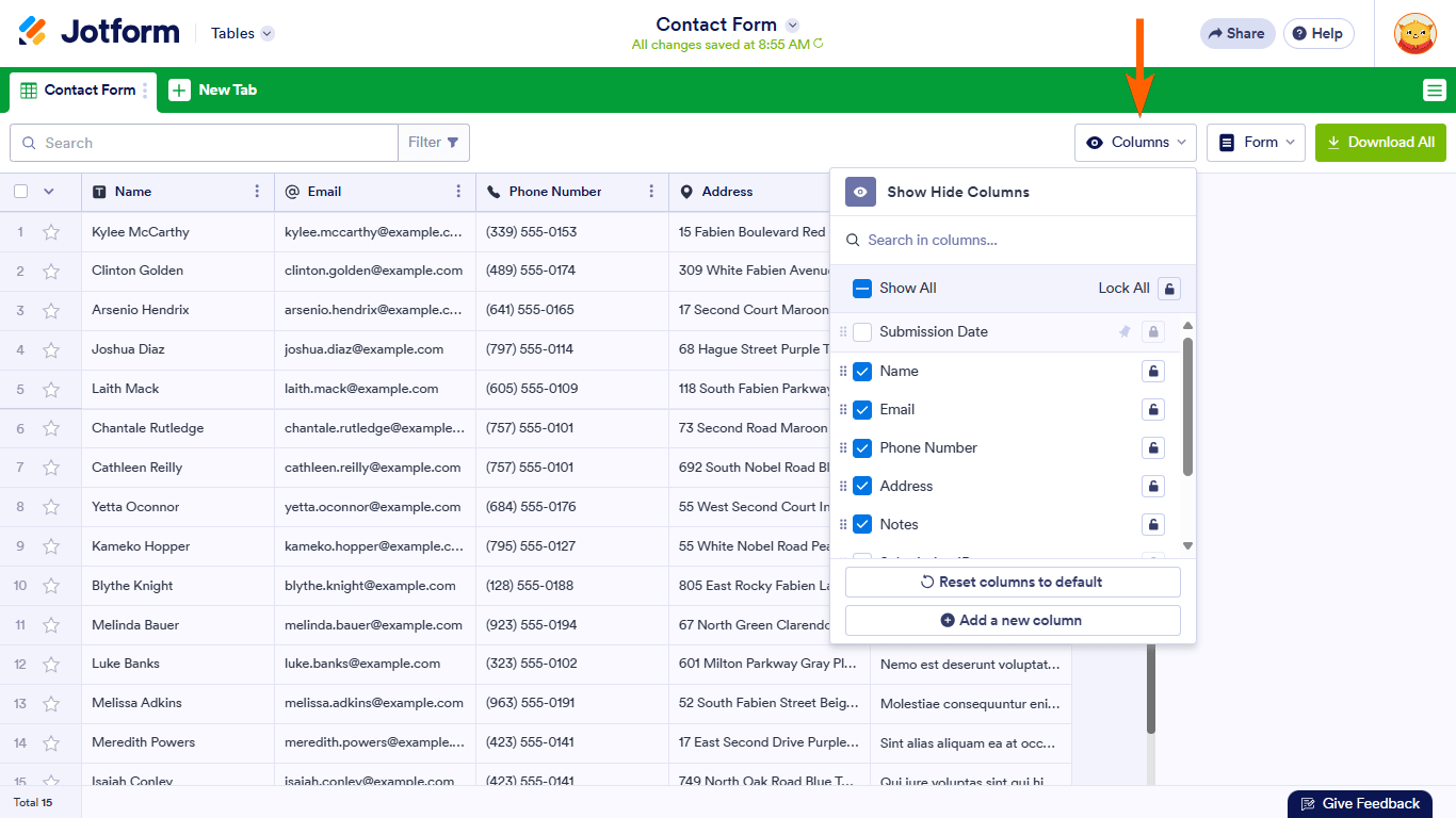 The Columns button in Jotform Tables