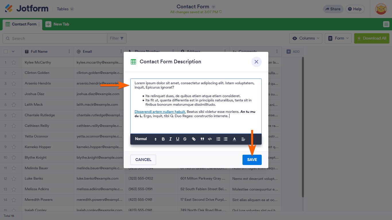 A tab description dialog in Jotform Tables