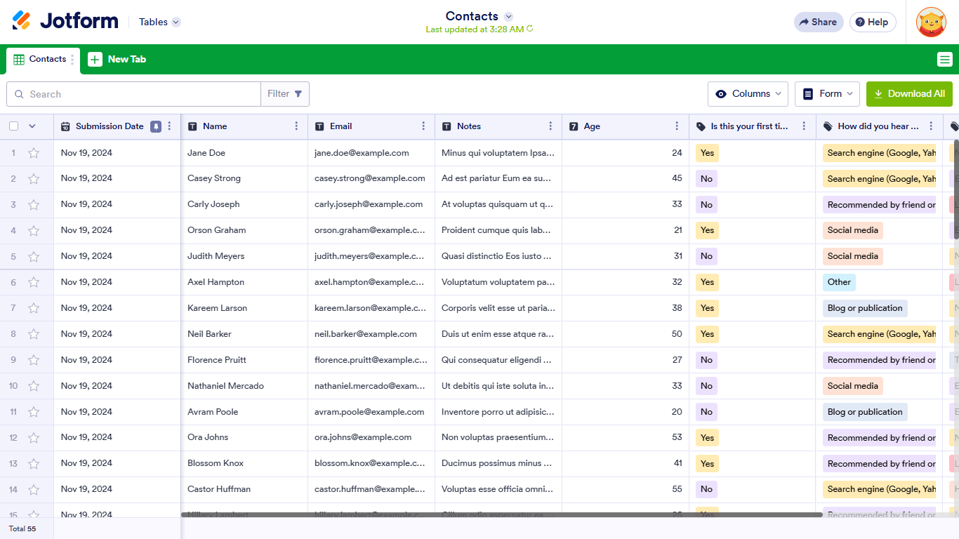 Imported data in Jotform Tables