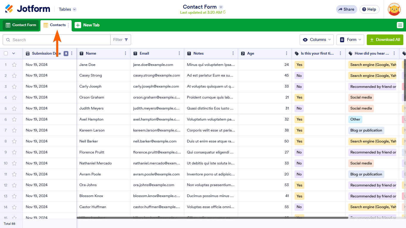 Imported data in Jotform Tables