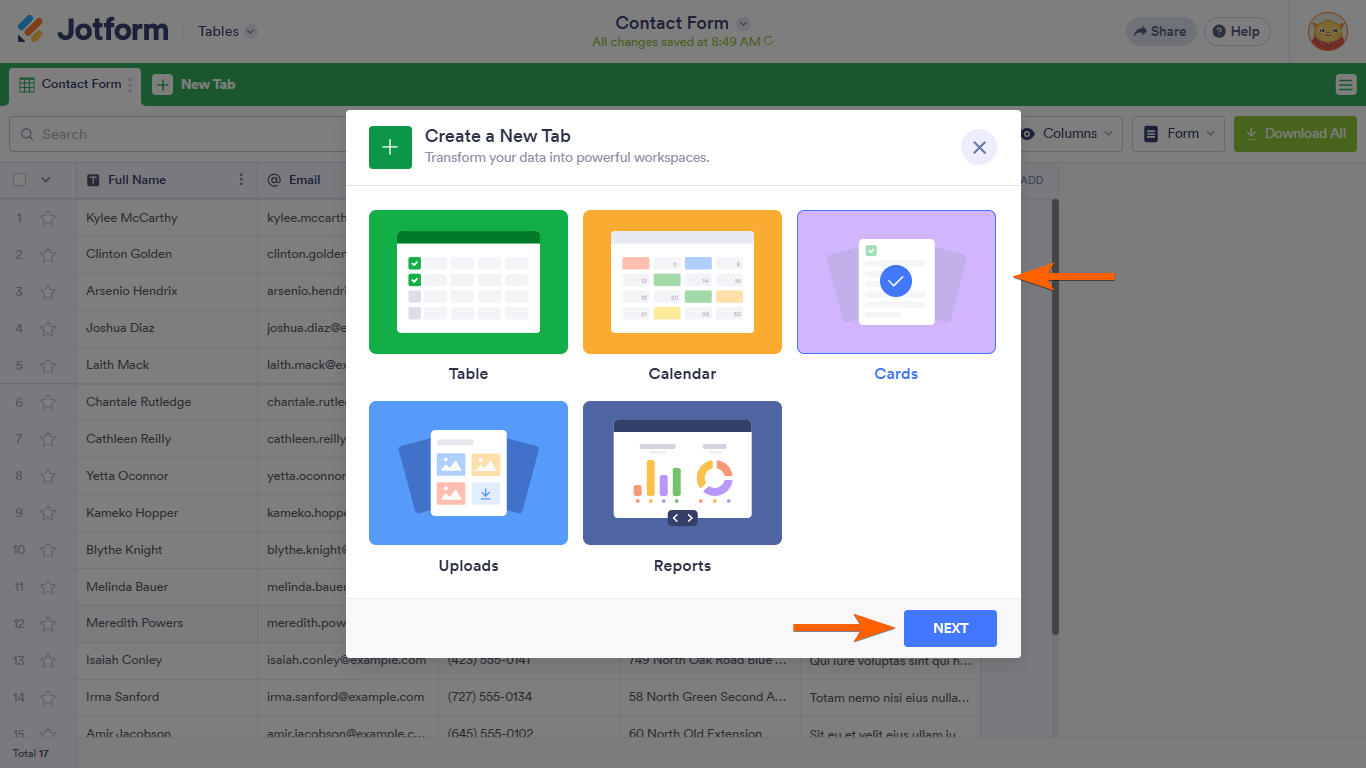 A Cards option in a Jotform Tables Create a New Tab dialog