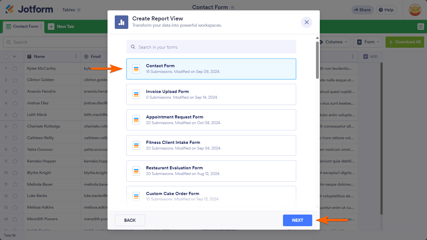 A form picker in a Jotform Tables Create Report View dialog