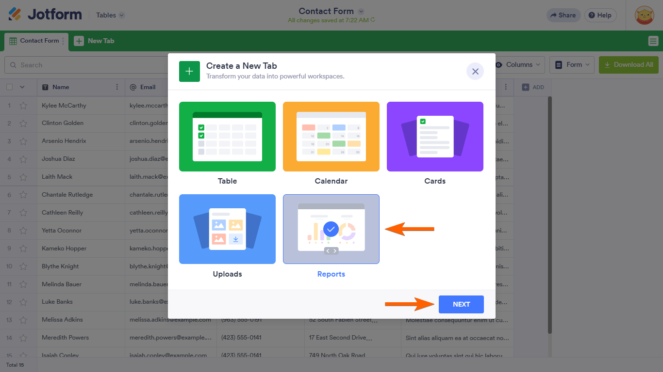A Reports option in a Jotform Tables Create a New Tab dialog