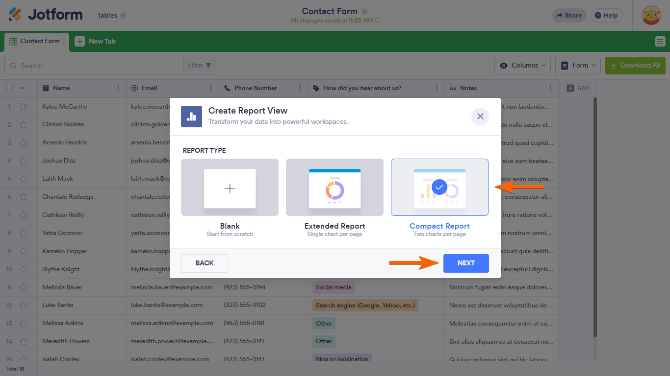 A Compact Report option in a Jotform Tables Create Report View dialog
