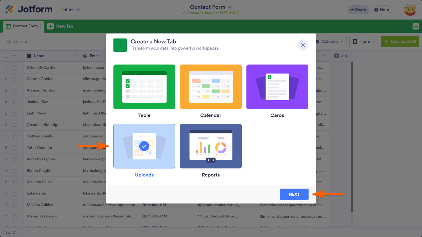 Una opción de cargas en un diálogo de crear una nueva pestaña en Jotform Tables