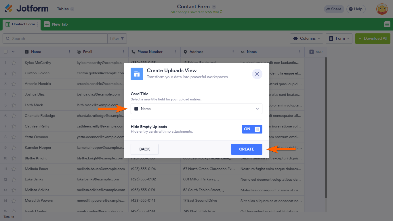 Una opción de Título de Tarjeta en un diálogo de Crear Vista de Cargas en Jotform Tables