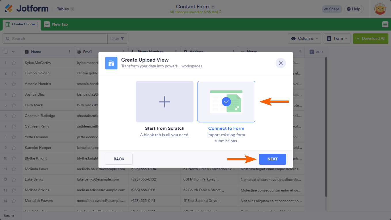 Una opción de Conectar al formulario en un diálogo de Crear Vista de Cargas en Jotform Tables
