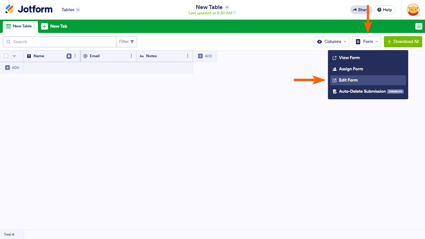 An Edit Form option in a Jotform Tables Form menu
