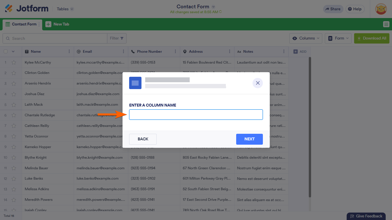 A column name field in Jotform Tables
