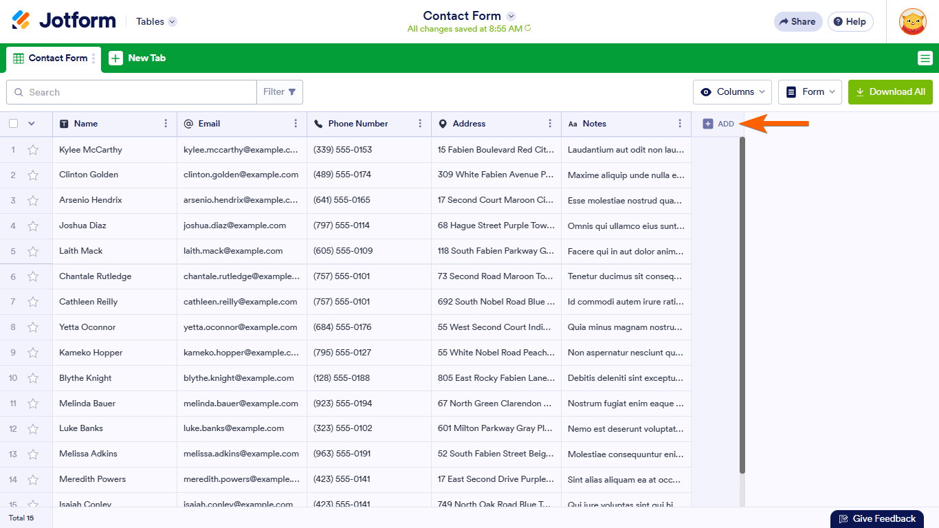 An Add button in Jotform Tables column