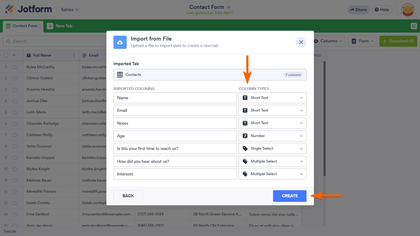 A Create button in a Jotform Tables Import from File dialog