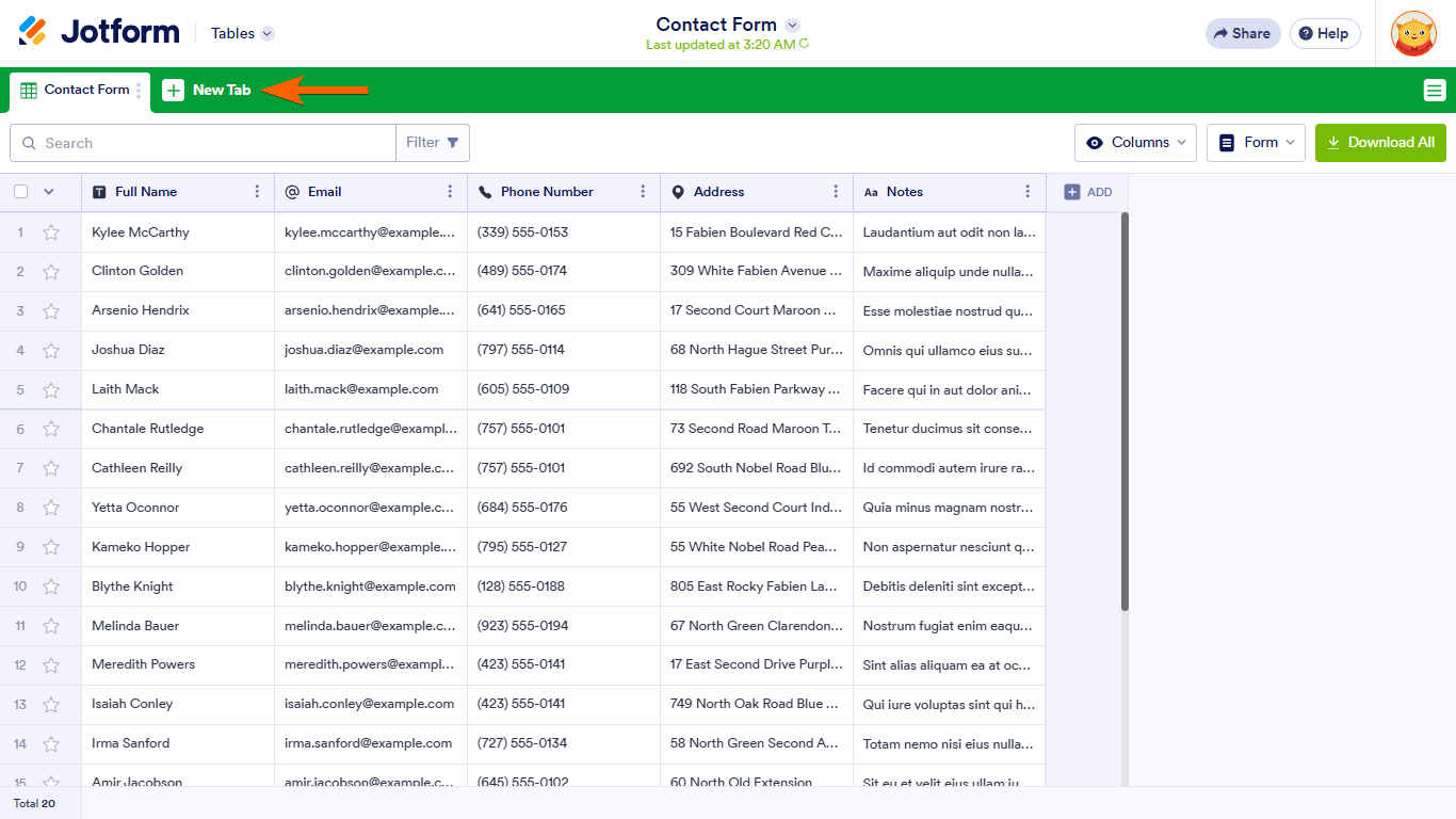 A New Tab button in Jotform Tables