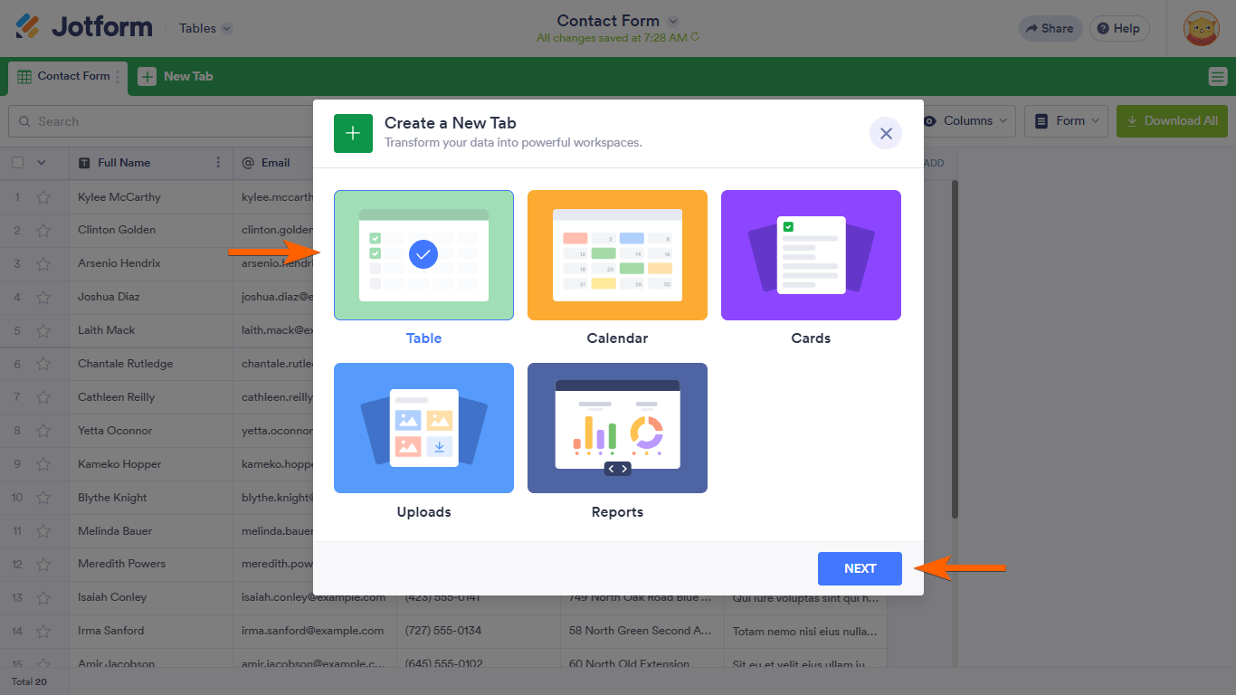A Table option in a Jotform Tables Create a New Tab dialog