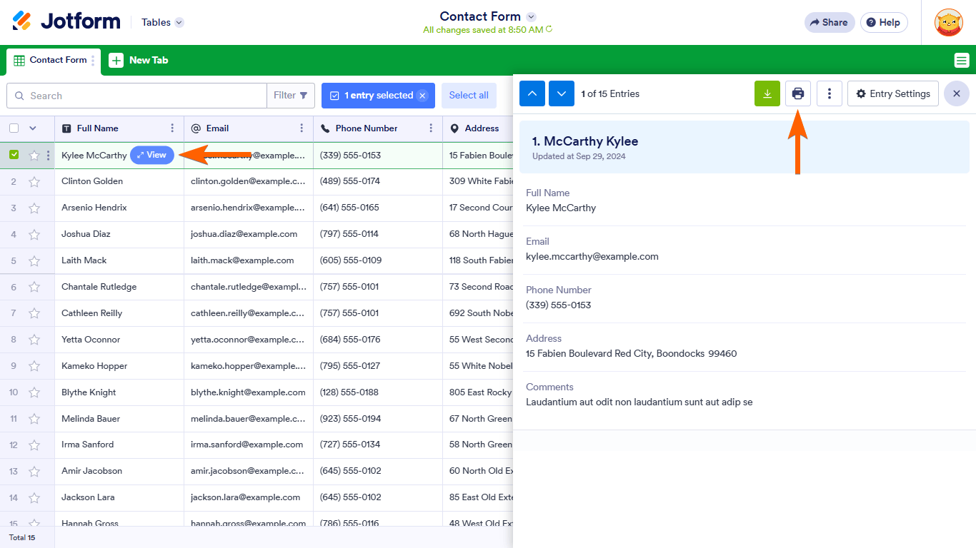 A print entry button in Jotform Tables