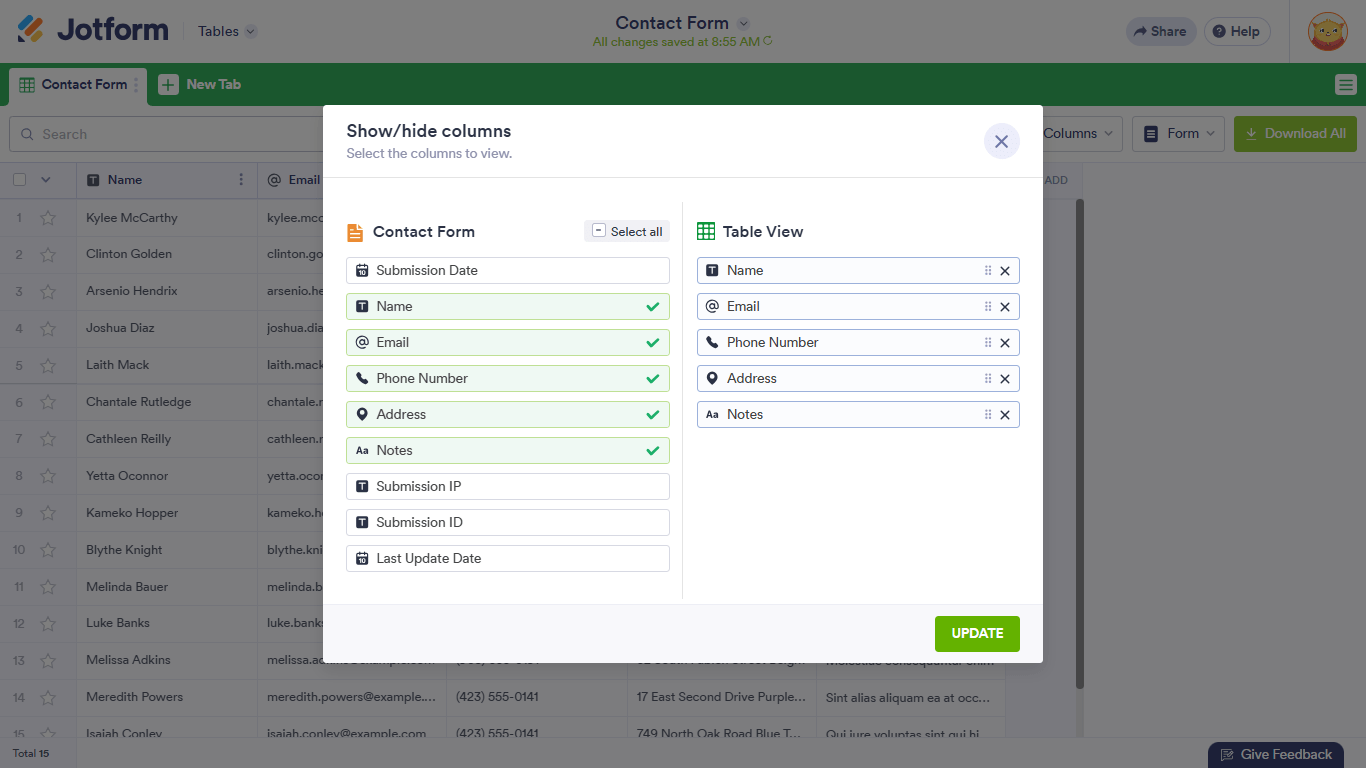 A Show Hide Columns dialog in Jotform Tables