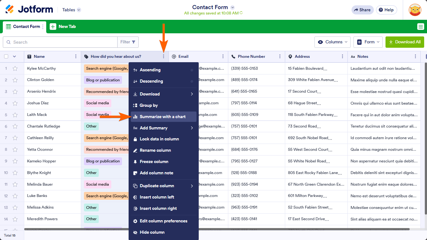 A summarize with a chart option in a Jotform Tables column menu
