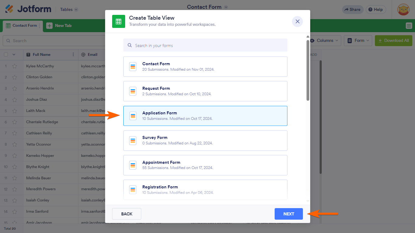 A Form Table picker in a Jotform Tables Create Table View dialog