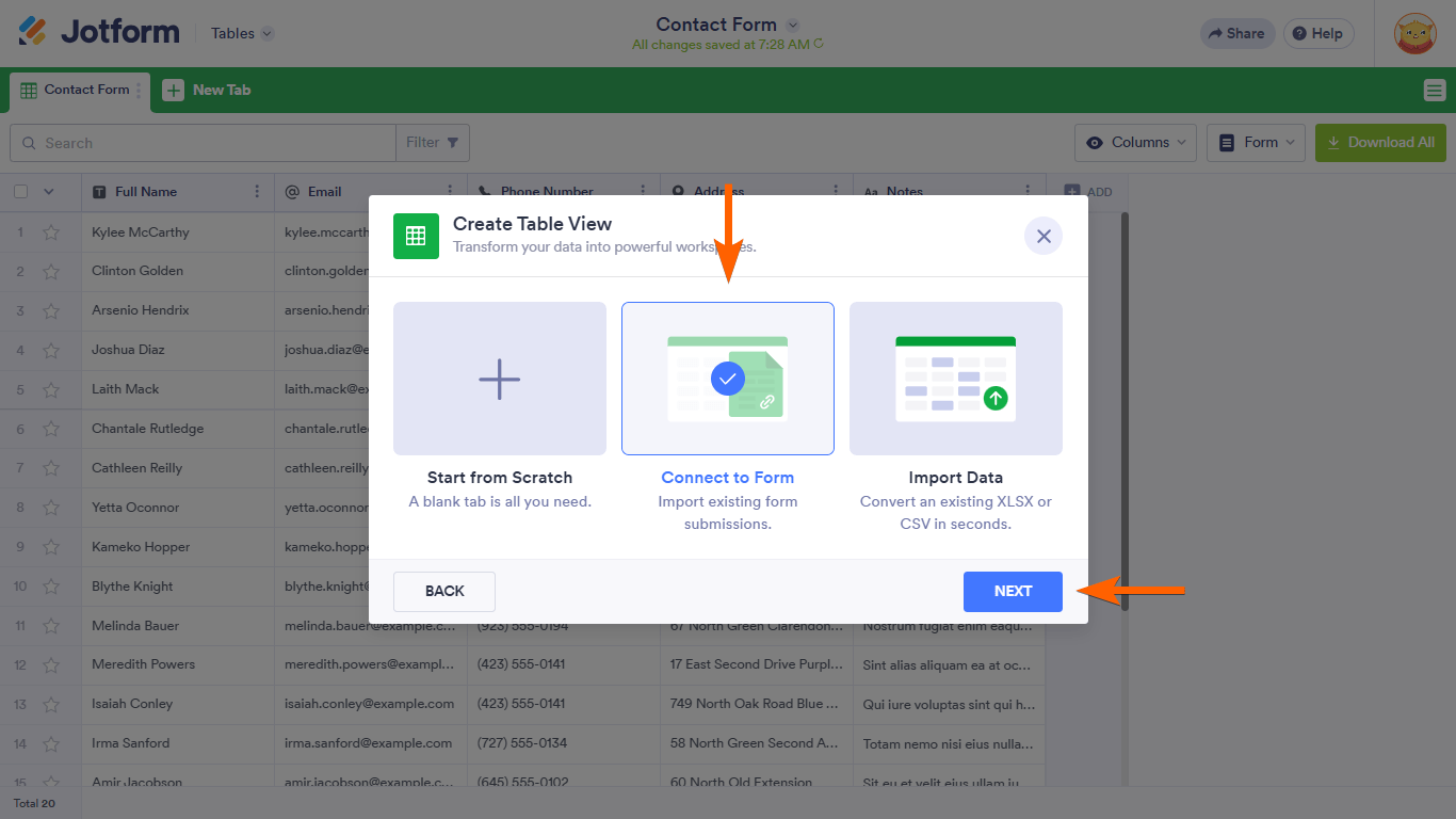 A Connect to Form option in a Jotform Tables Create Table View dialog