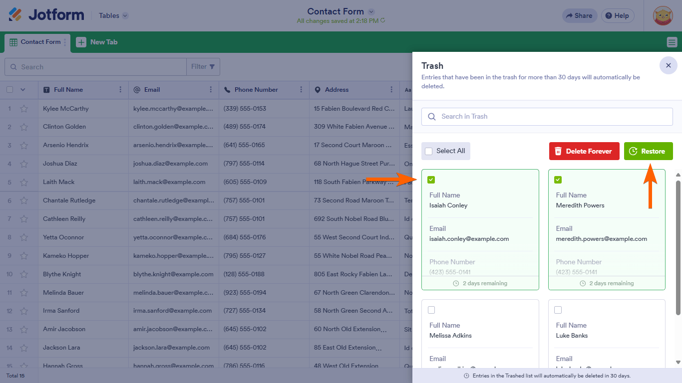 A Restore button in a Jotform Tables Trash panel