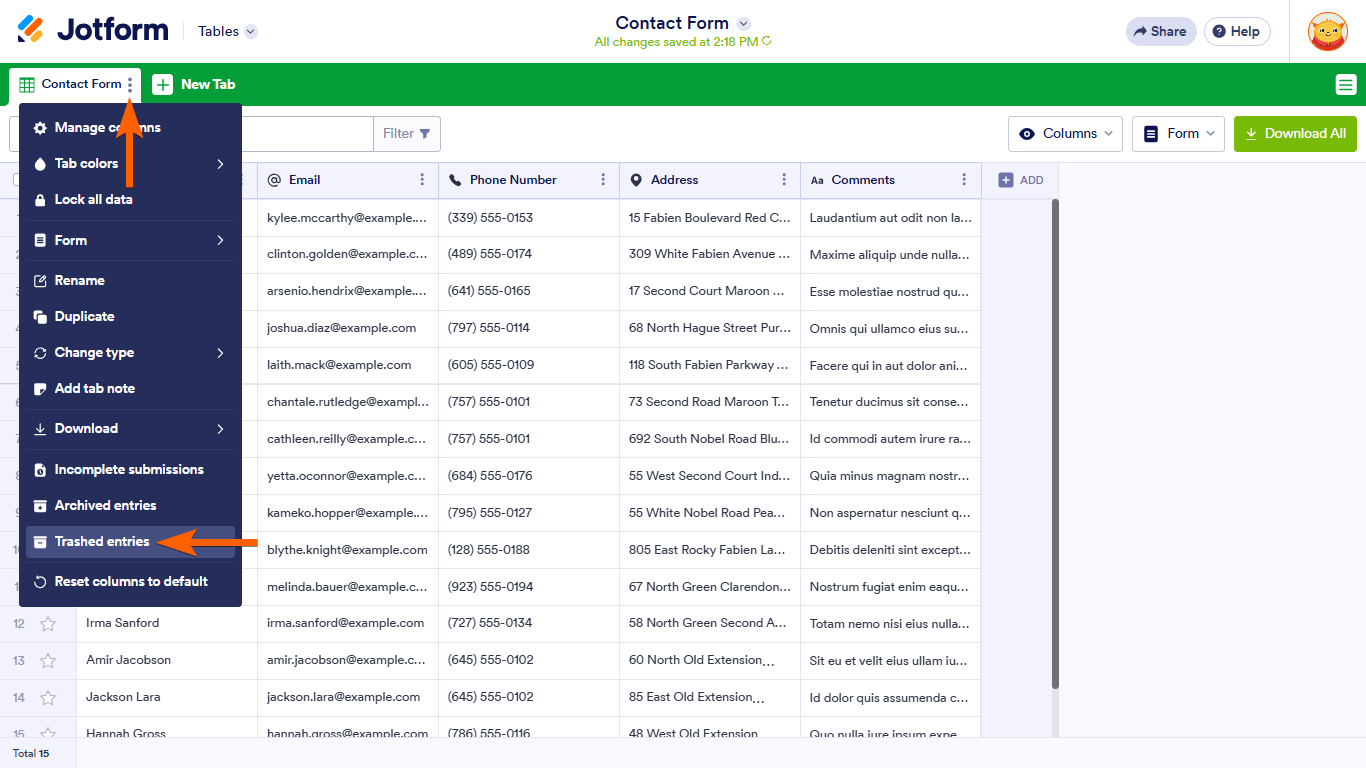 A Trashed Entries option in a Jotform Tables tab menu
