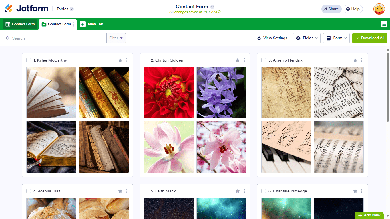 Una vista de cargas en Jotform Tables