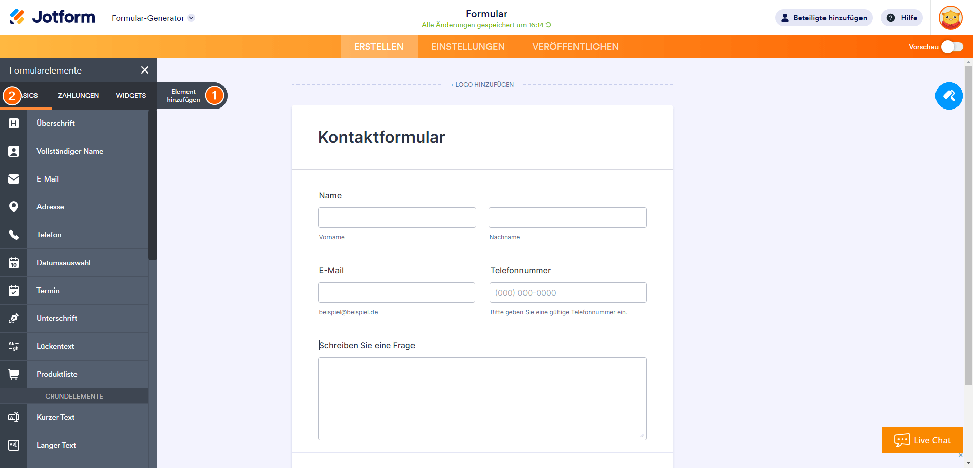 Erster Schritt der Formularerstellung