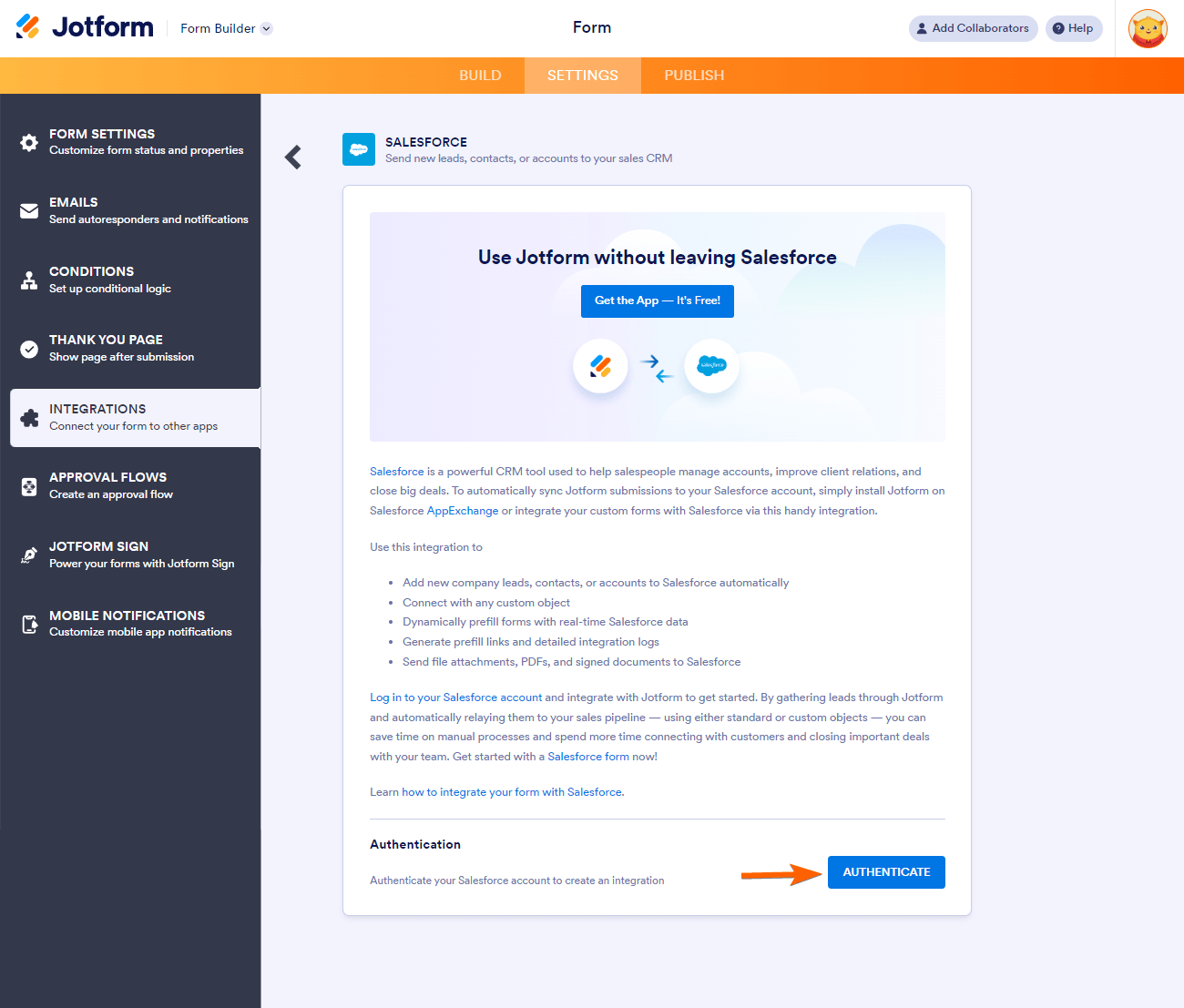 Botón de autenticación en la integración de Salesforce con Jotform