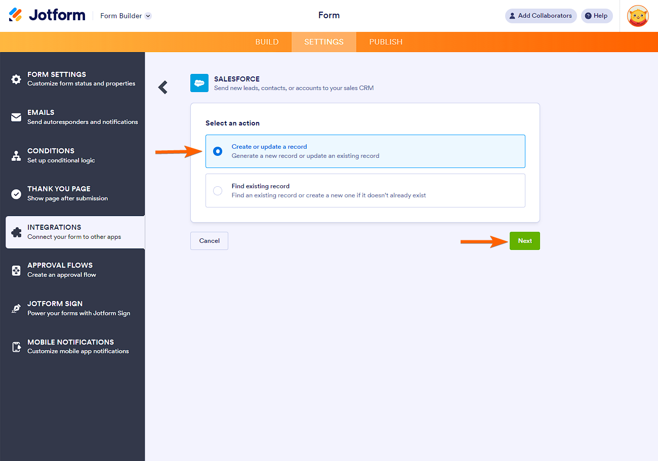 Seleccionar acción en la integración de Salesforce con Jotform