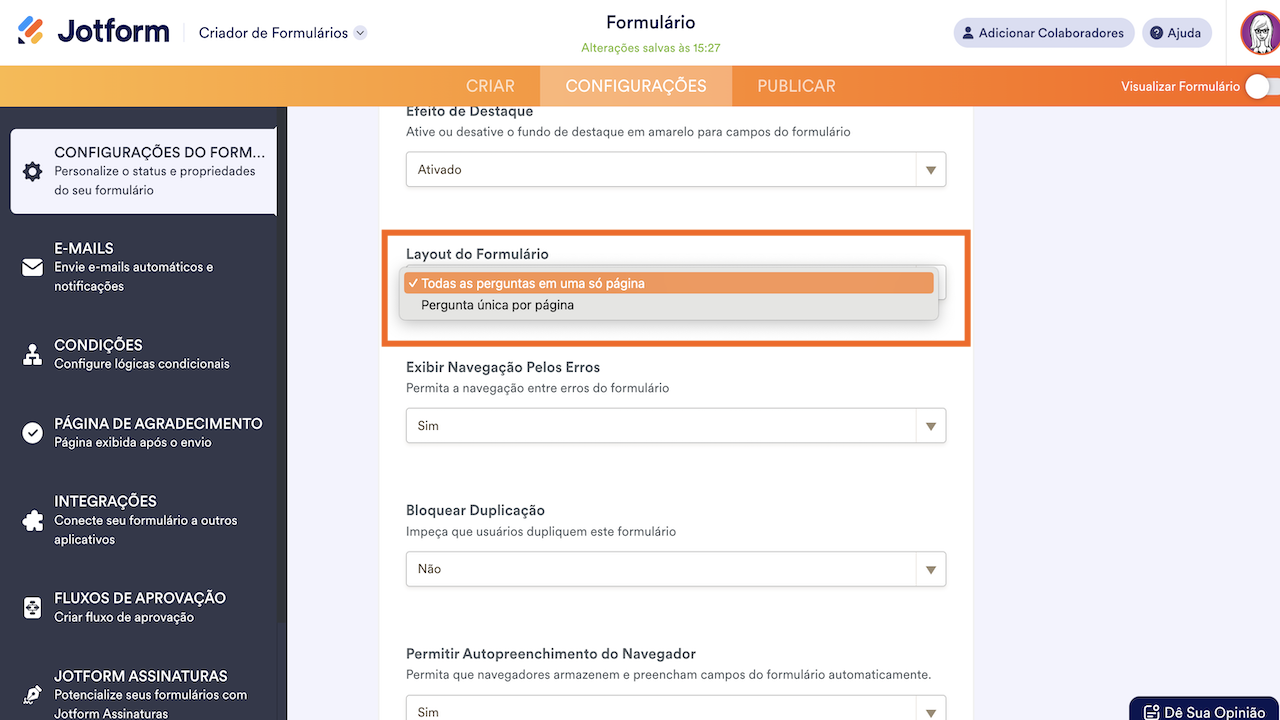 Criador de Formulários - Layout do Formulário 