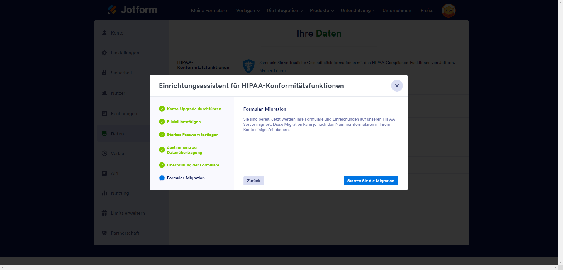 Bildschirm zur Formularmigration bei Aktivierung der HIPAA-Compliance-Funktionen