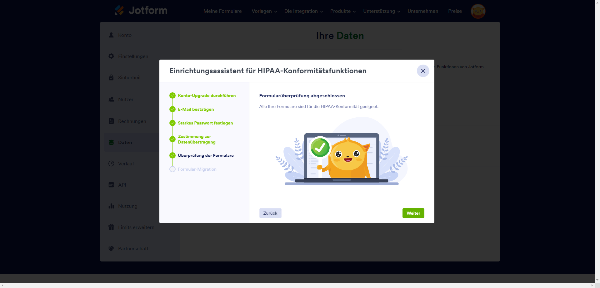 Bildschirm zur Formularüberprüfung bei Aktivierung der HIPAA-Compliance-Funktionen
