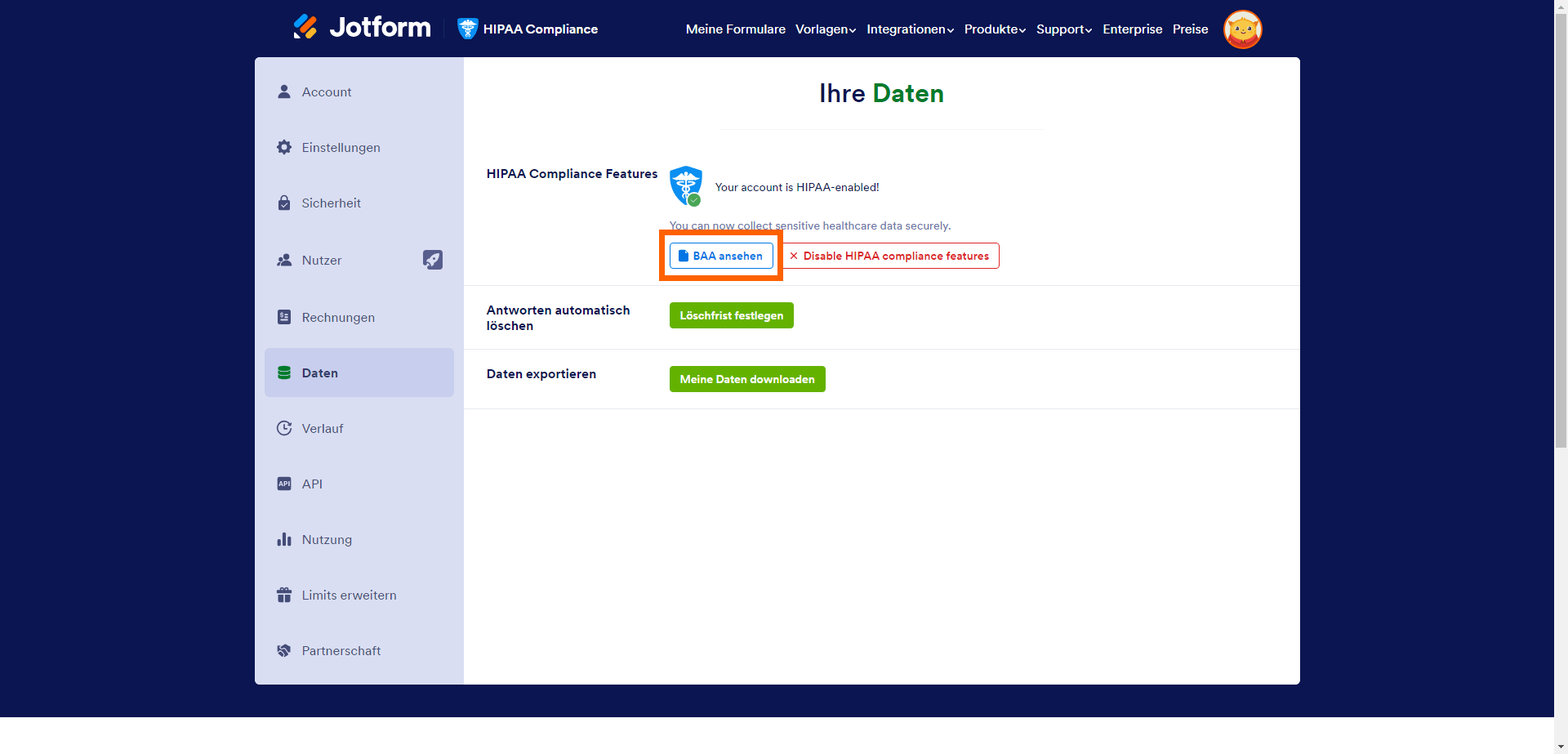 Button BAA anzeigen im Jotform HIPAA Wizard