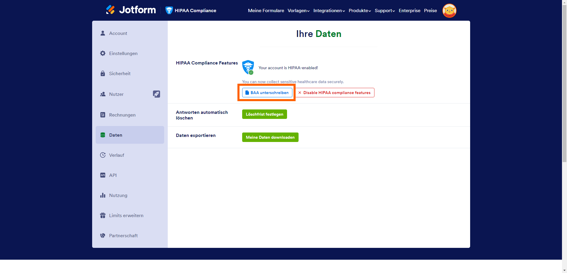 Button BAA unterschreiben im Jotform HIPAA Wizard
