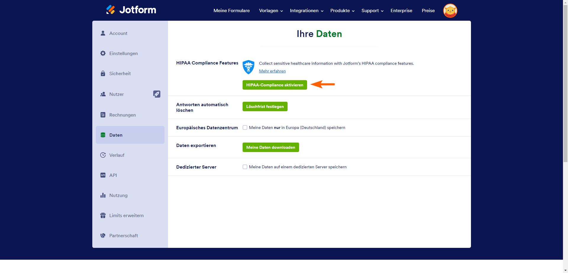 Datenseite mit dem Button HIPAA-Compliance aktivieren