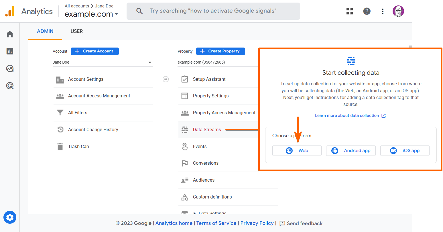 Highlights to create a web data stream in Google Analytics