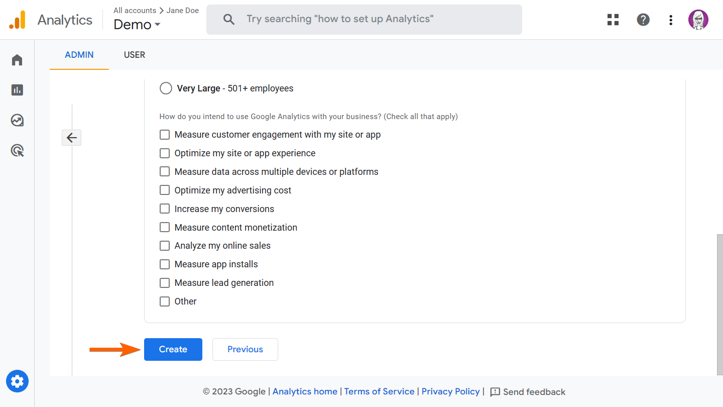 An arrow pointing to the Create button in Google Analytics' property creation wizard