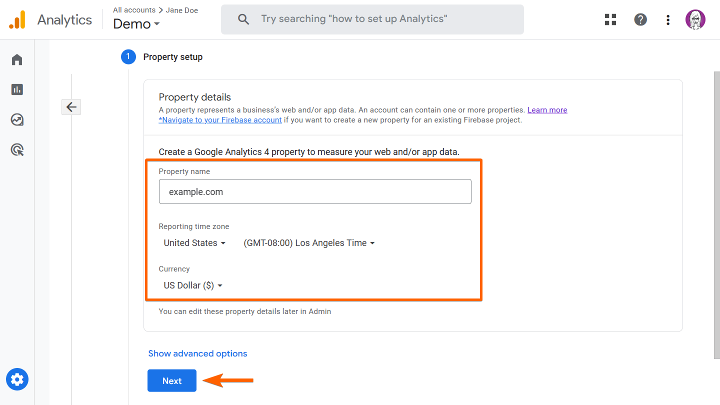 Highlights to the Property details fieldset and Next button in Google Analytics